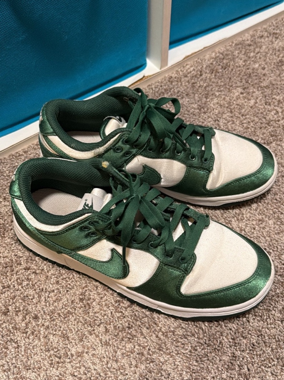 Nike Satin Green and White low dunks